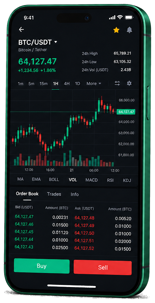 Interface mobile de trading Rendivane — cours BTC/USDT en temps réel, carnet d’ordres et outils de suivi des transactions